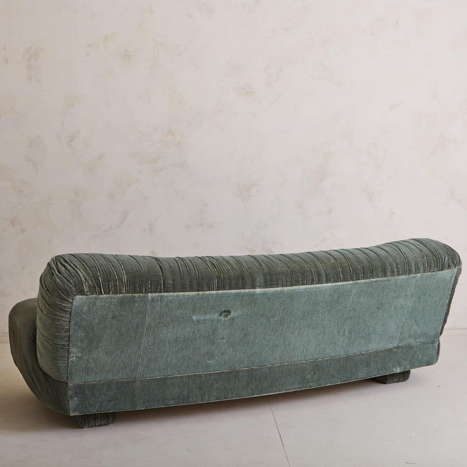 Mid-Century Modern Vintage Green Velvet Ruched Sofa, Italy, 1970s