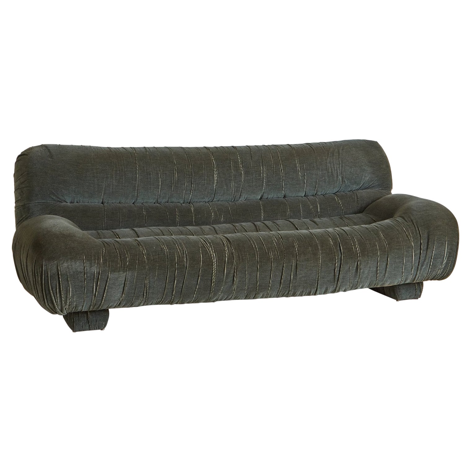 Vintage Green Velvet Ruched Sofa, Italy, 1970s