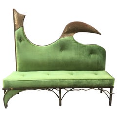 Vintage Green Velvet Sofa Burnished Brass Structure Stylized Bird Form, 1980