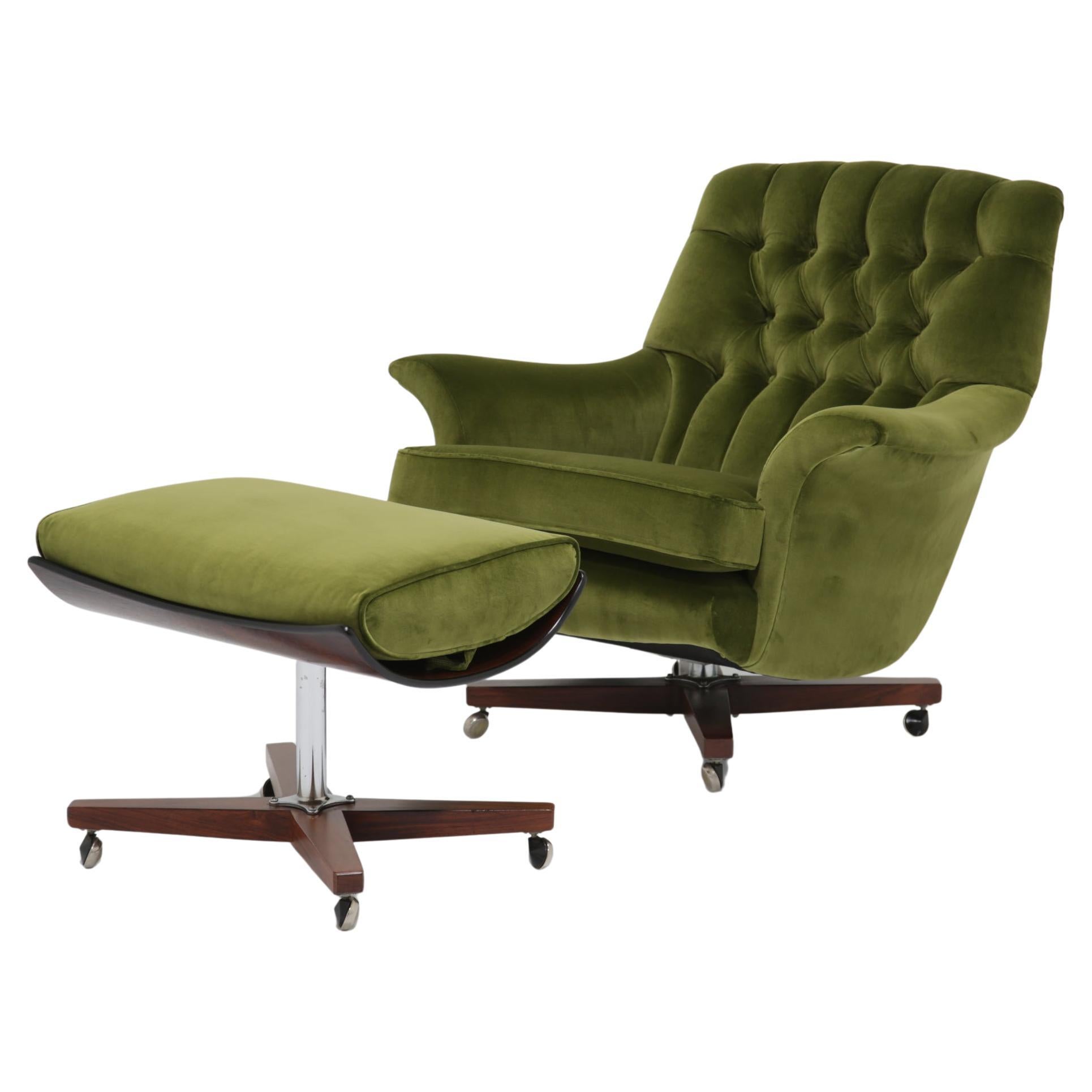 Vintage Green Velvet Swivel Lounge Chair & Ottoman Model 6250 by G-Plan, 1960s.