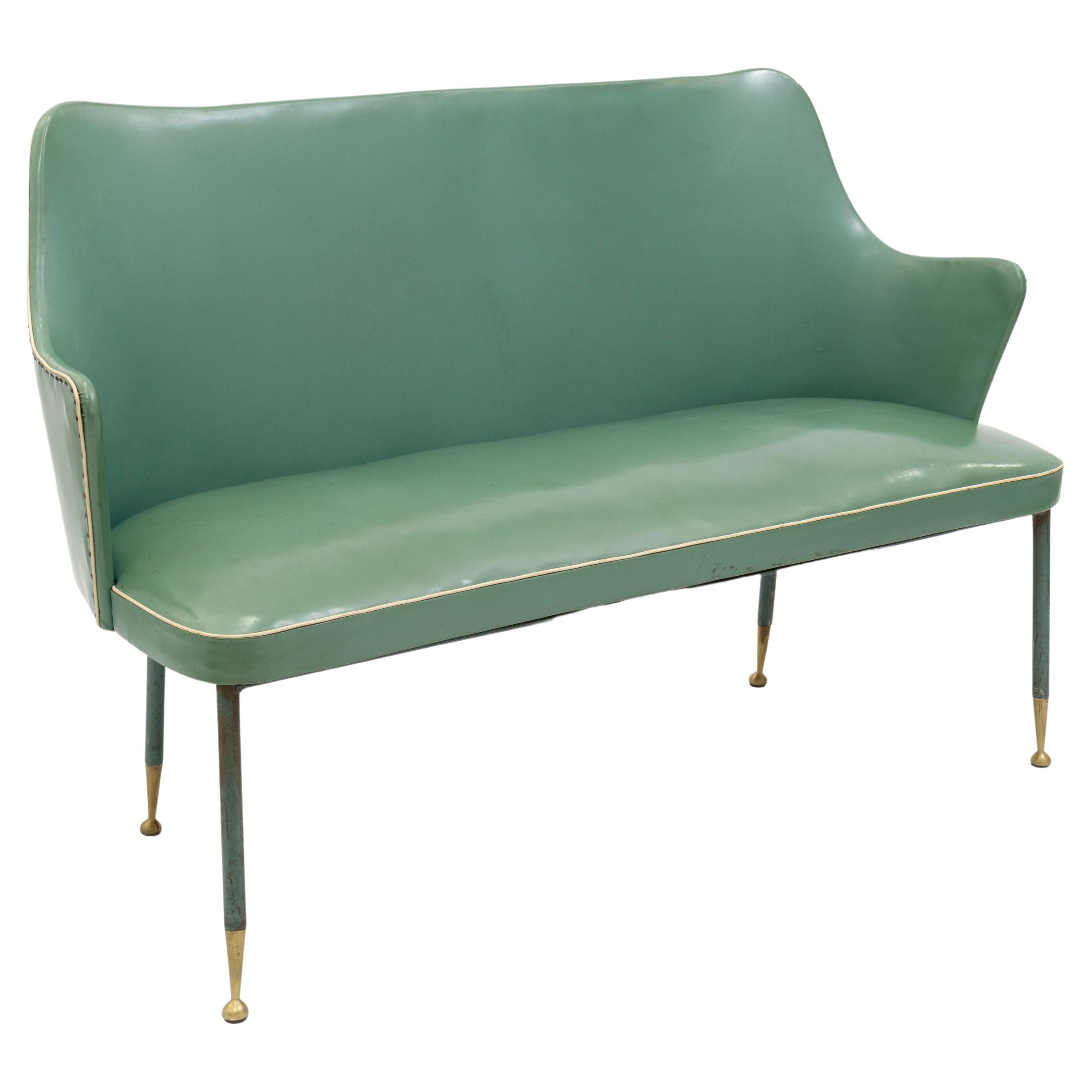 Vintage Green Vinyl Two-Seat Bench With Brass Tipped Metal Legs
