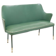 Vintage Green Vinyl Two-Seat Bench With Brass Tipped Metal Legs
