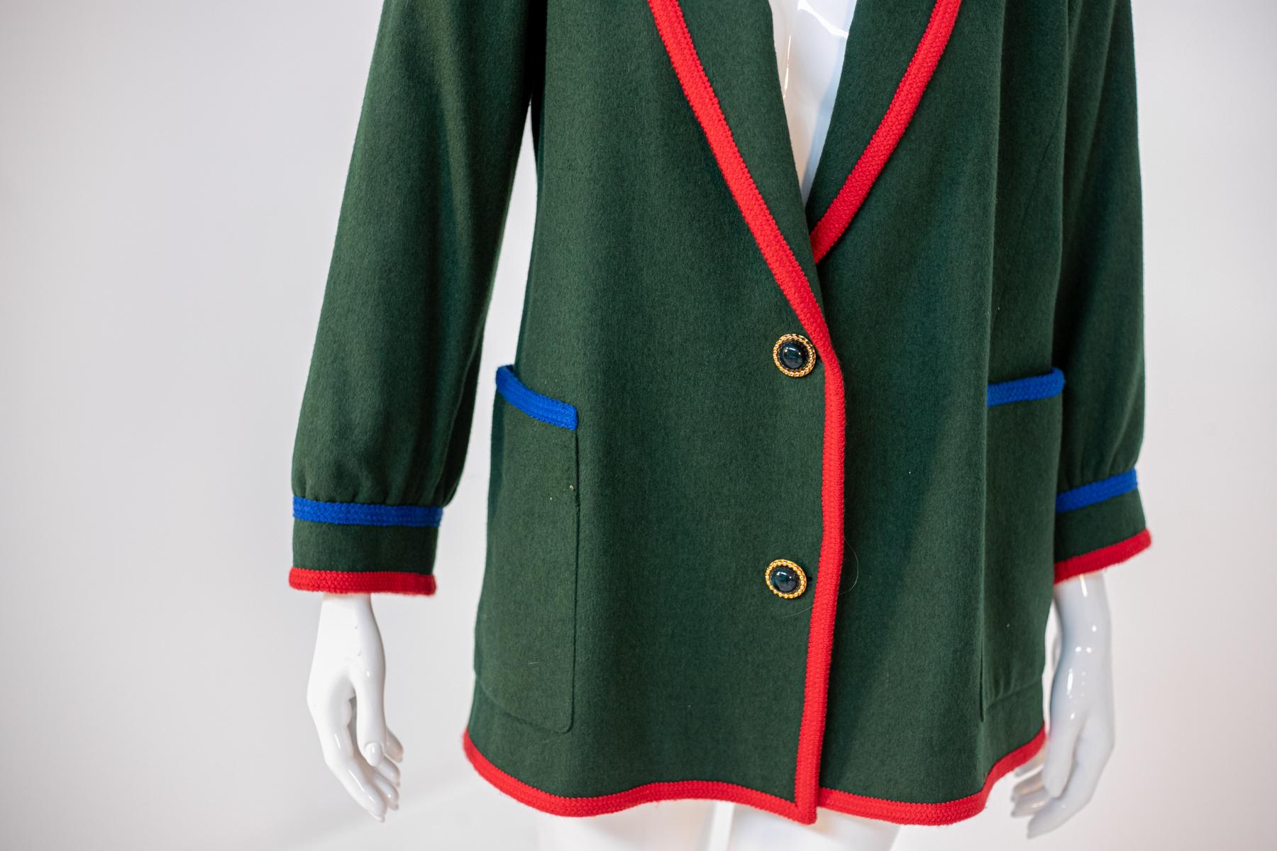 Black Vintage Green Wool Jacket with Red Profiles For Sale