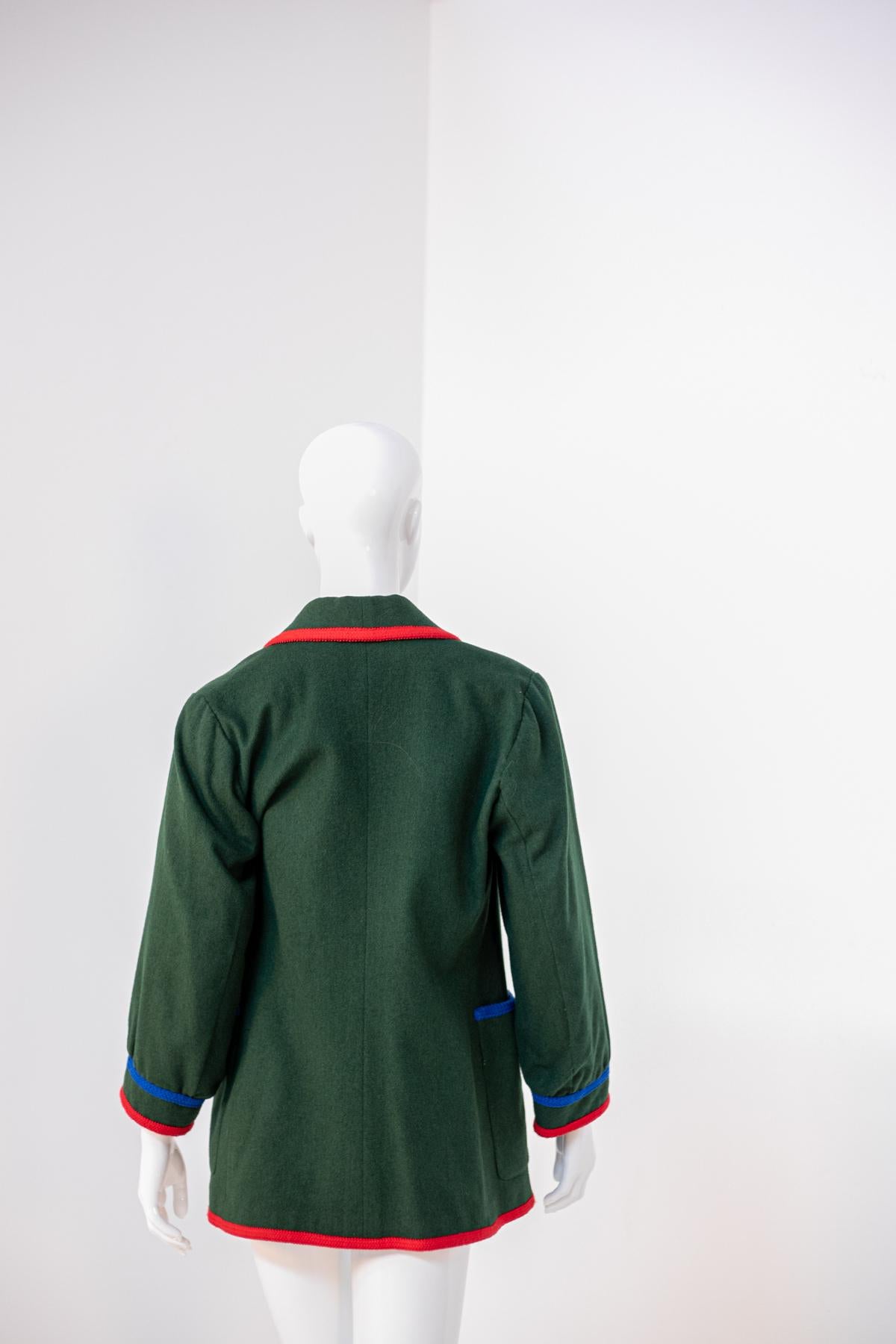 Vintage Green Wool Jacket with Red Profiles For Sale 3