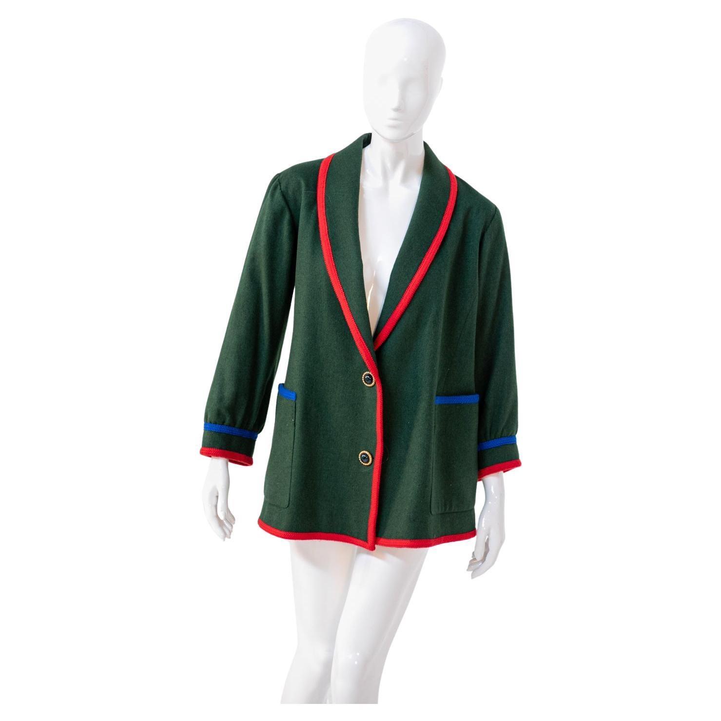 Vintage Green Wool Jacket with Red Profiles For Sale