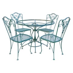 Vintage Green Wrought Iron Meadowcraft Dogwood Style Garden Dining Set 5 pc Set