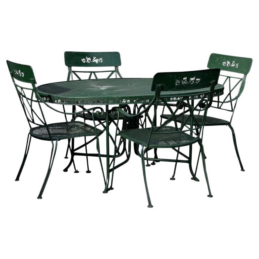 Embrace the allure of the past with our vintage green wrought iron table and chairs. This ensemble, rich in nostalgia, effortlessly blends elegance with durability.

Measurements: Table: 28” H 38” W 60L    Chairs: 36” H x 23.5” W 18.5” L (Seat 18.5”