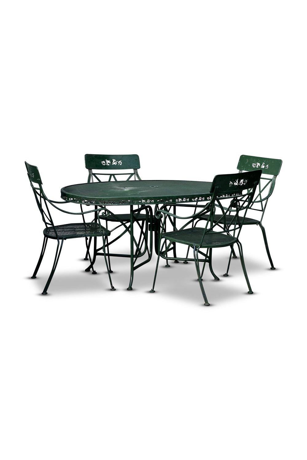 Mid-Century Modern Vintage Green Wrought Iron Table and Chairs For Sale