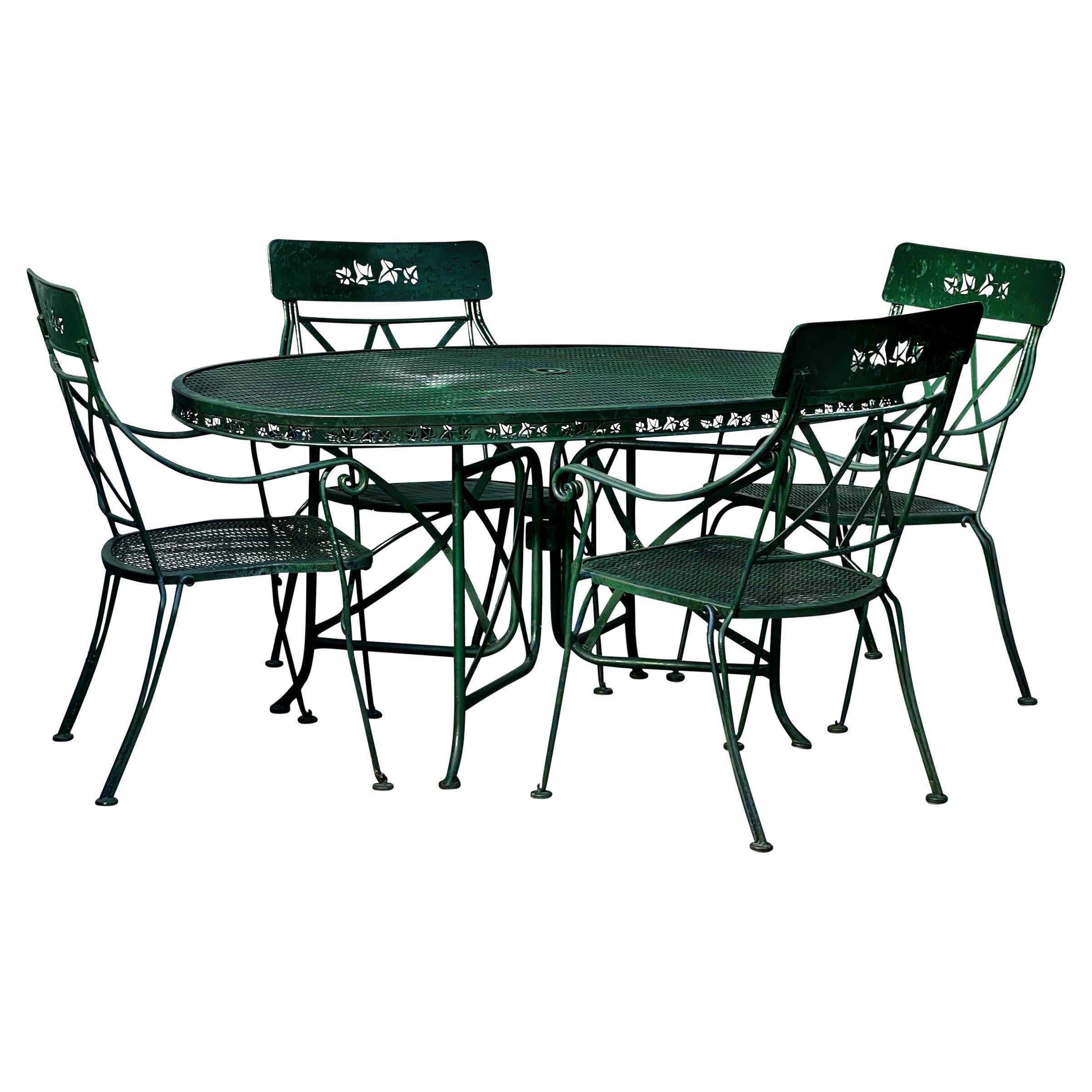 Vintage Green Wrought Iron Table and Chairs For Sale