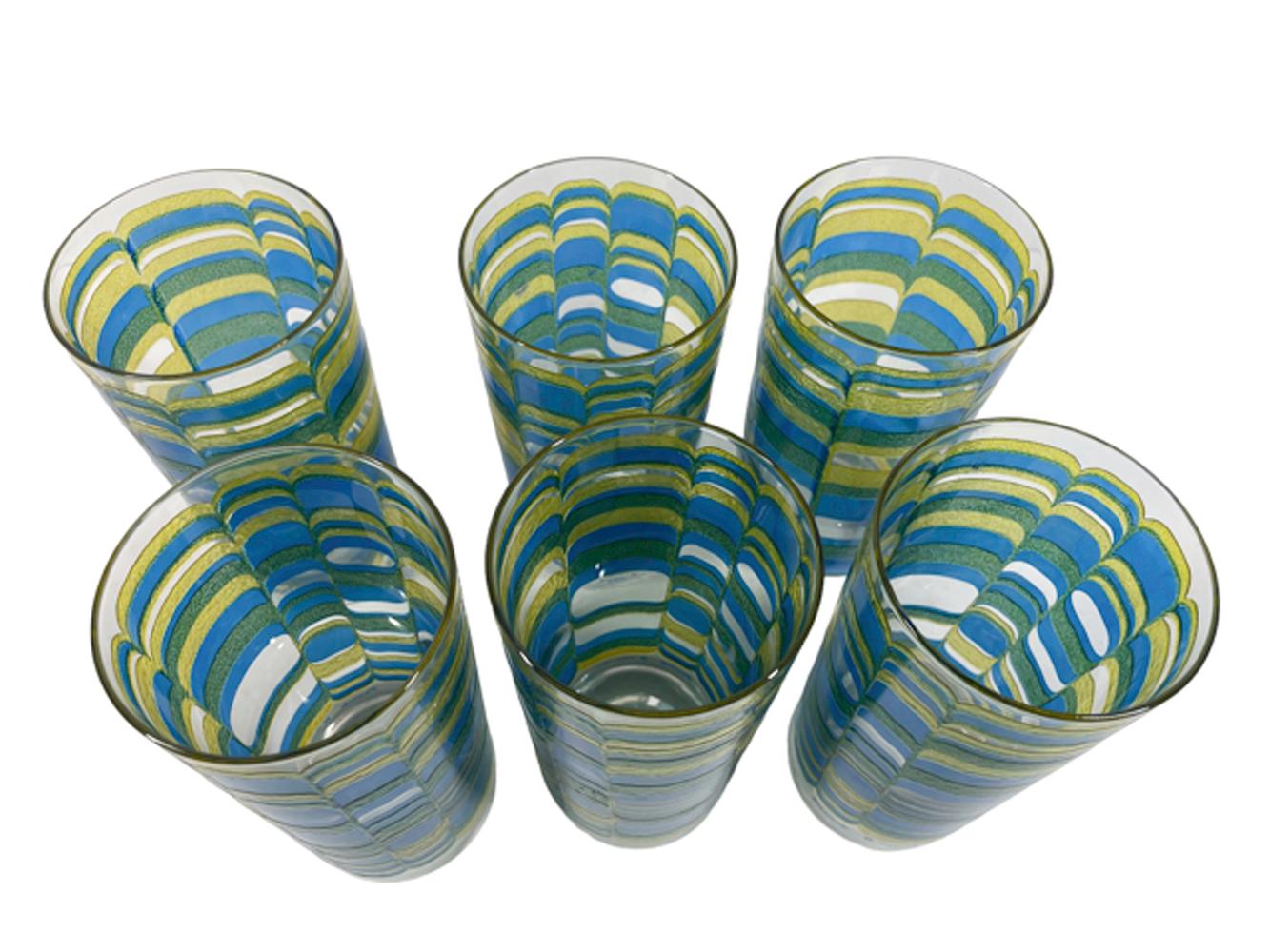 Six Mid-Century highball glasses in a yellow, blue and green raised, textured geometric design with a non-slip surface, designed by Irene Pasinski for the Washington Glass Company.