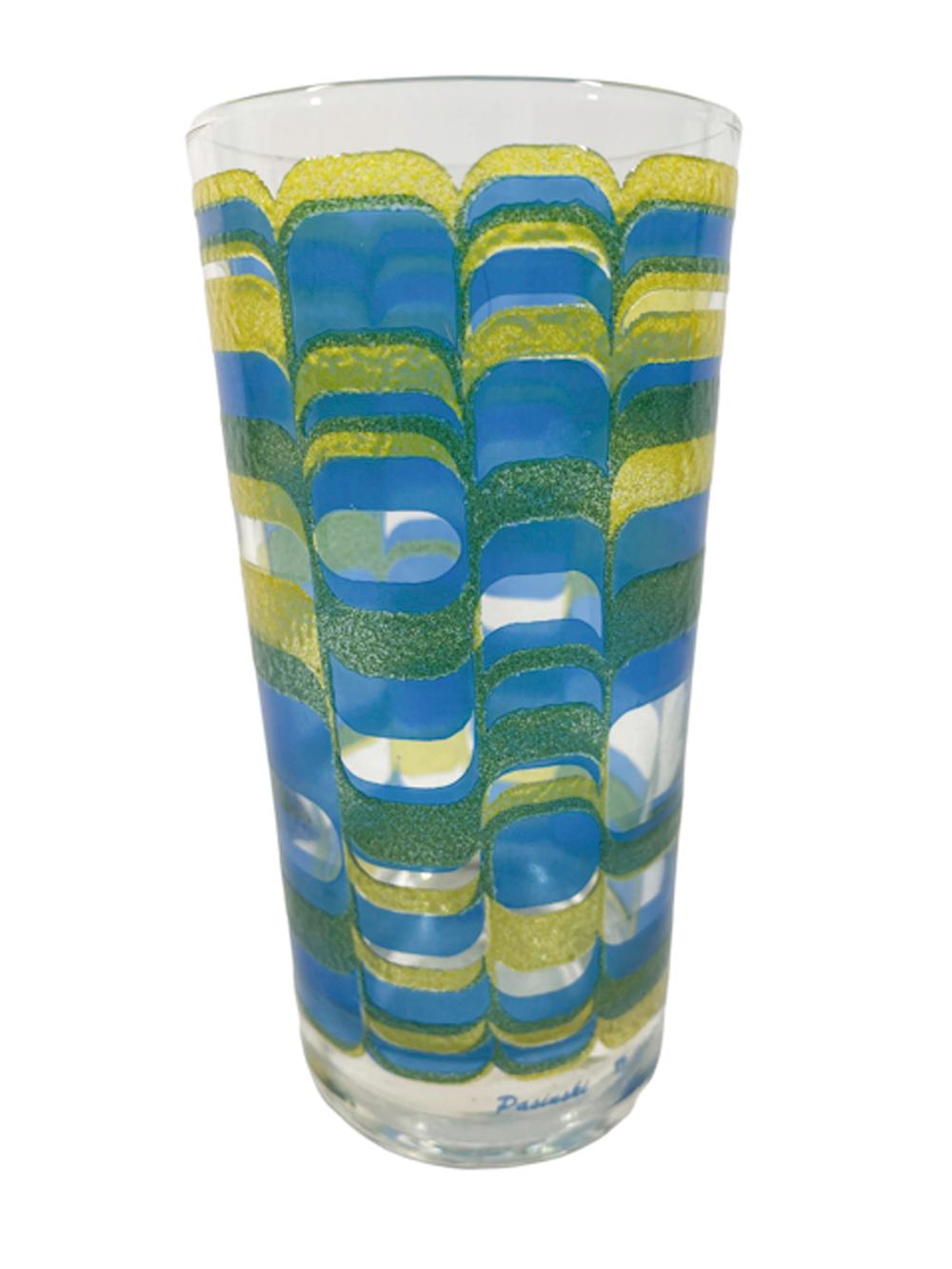 Mid-Century Modern Vintage Green, Yellow & Blue Geometric Highball Glasses Designed by Pasinski For Sale