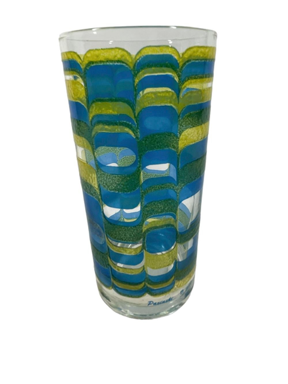 American Vintage Green, Yellow & Blue Geometric Highball Glasses Designed by Pasinski For Sale