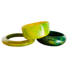 Vintage Green Yellow Wide Bakelite Marbled Bangle Bracelets