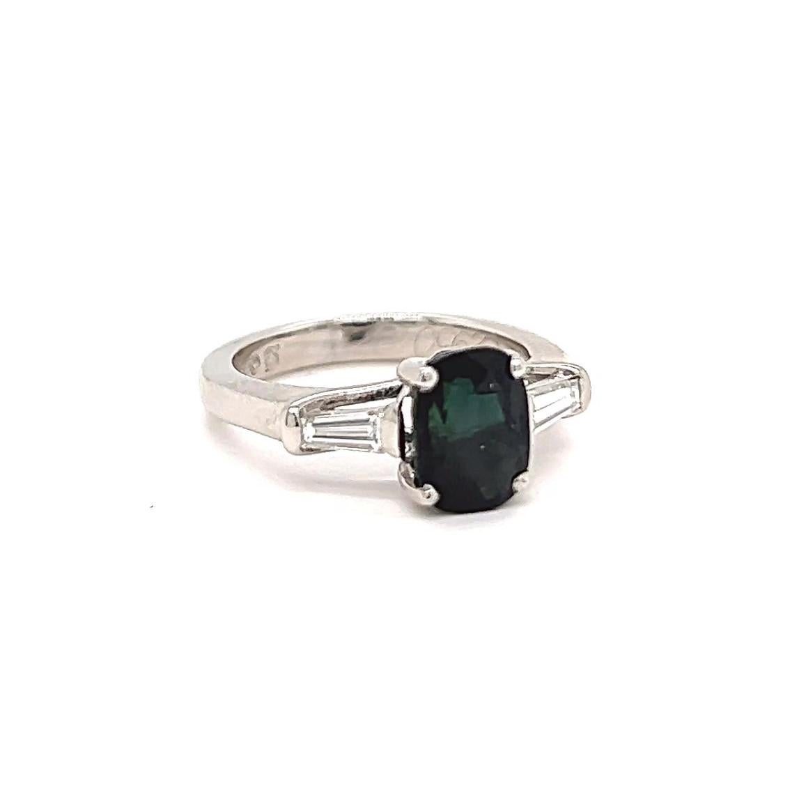 Women's or Men's Vintage Greenish Blue Sapphire Diamond Platinum Ring