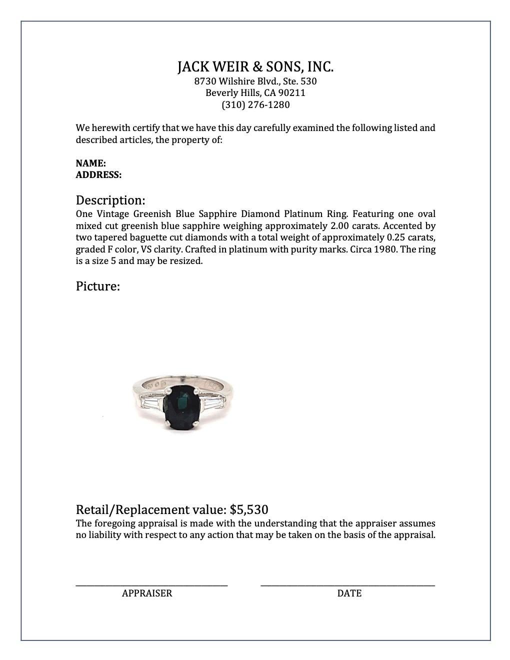 Vintage Greenish Blue Sapphire Diamond Platinum Ring 3