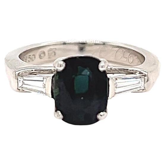 Vintage Greenish Blue Sapphire Diamond Platinum Ring