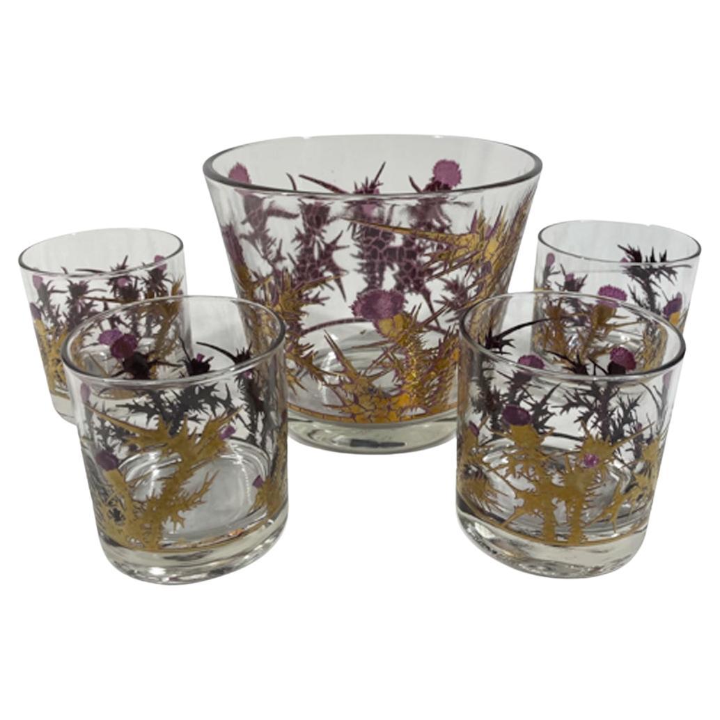 Vintage Gregory Duncan Designed "Thistle" Ice Bowl & 4 Rocks Glasses / 22k Gold For Sale