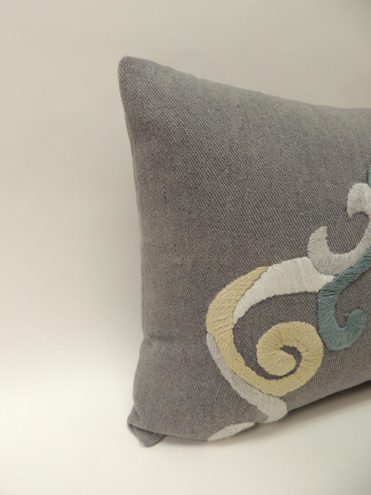 This item is part of our 7Th Anniversary SALE:
Vintage Mid-Century Modern embroidery alpaca and wool woven decorative bolster pillow. Midcentury style cushion with crested style wool floss threads embroidered in the front and finished with the same