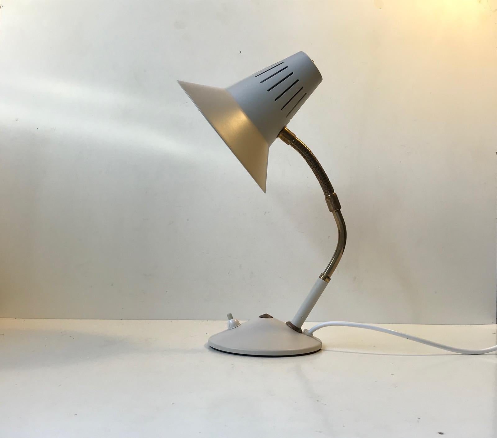 Small adjustable diablo style table light in the color light grey. Finish with brass flex-neck, stem, and detailing. Manufactured and designed by Elektrik in Norway during the late 1950s. Similar in style to designs by Boris Lacroix, Biny and Adnet.
