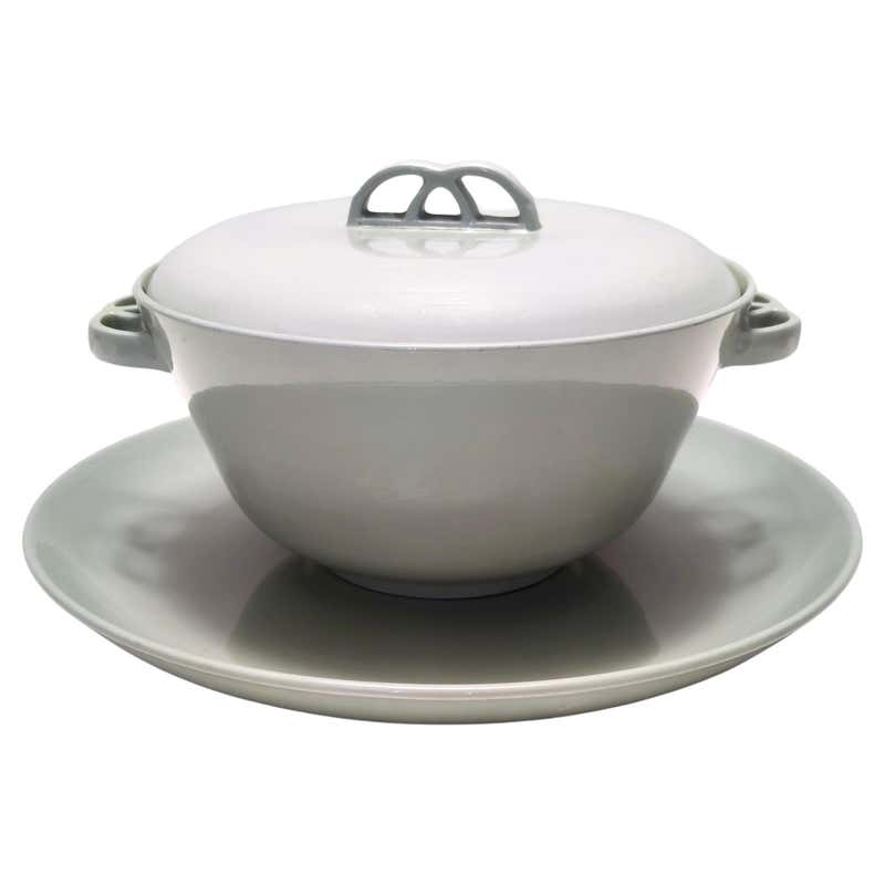 Carl Aubock Enameled Pot with Lid by Riess, Orange, White, Green ...