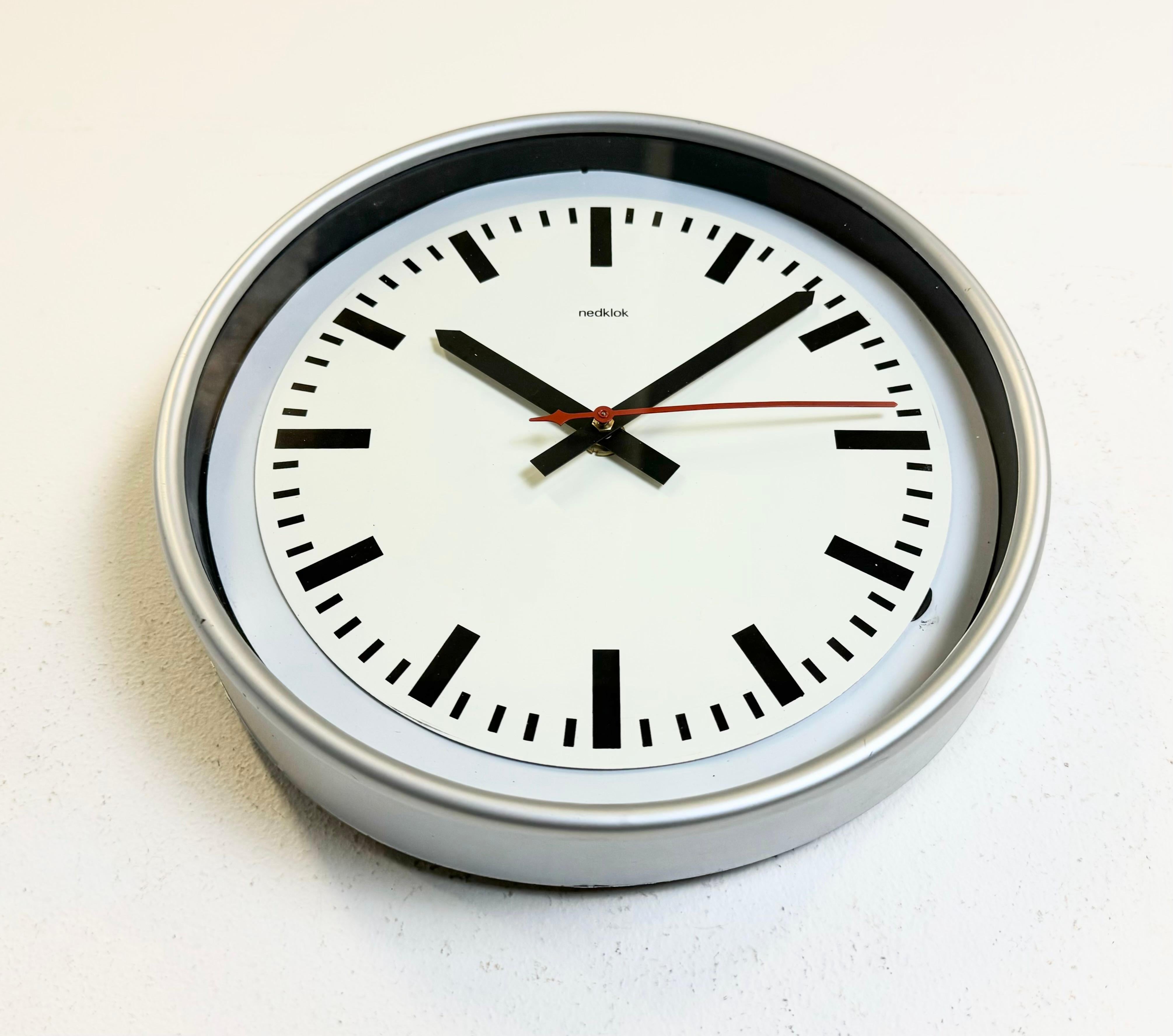 Metal Vintage Grey Electric Station Wall Clock from Nedklok, 1990s For Sale
