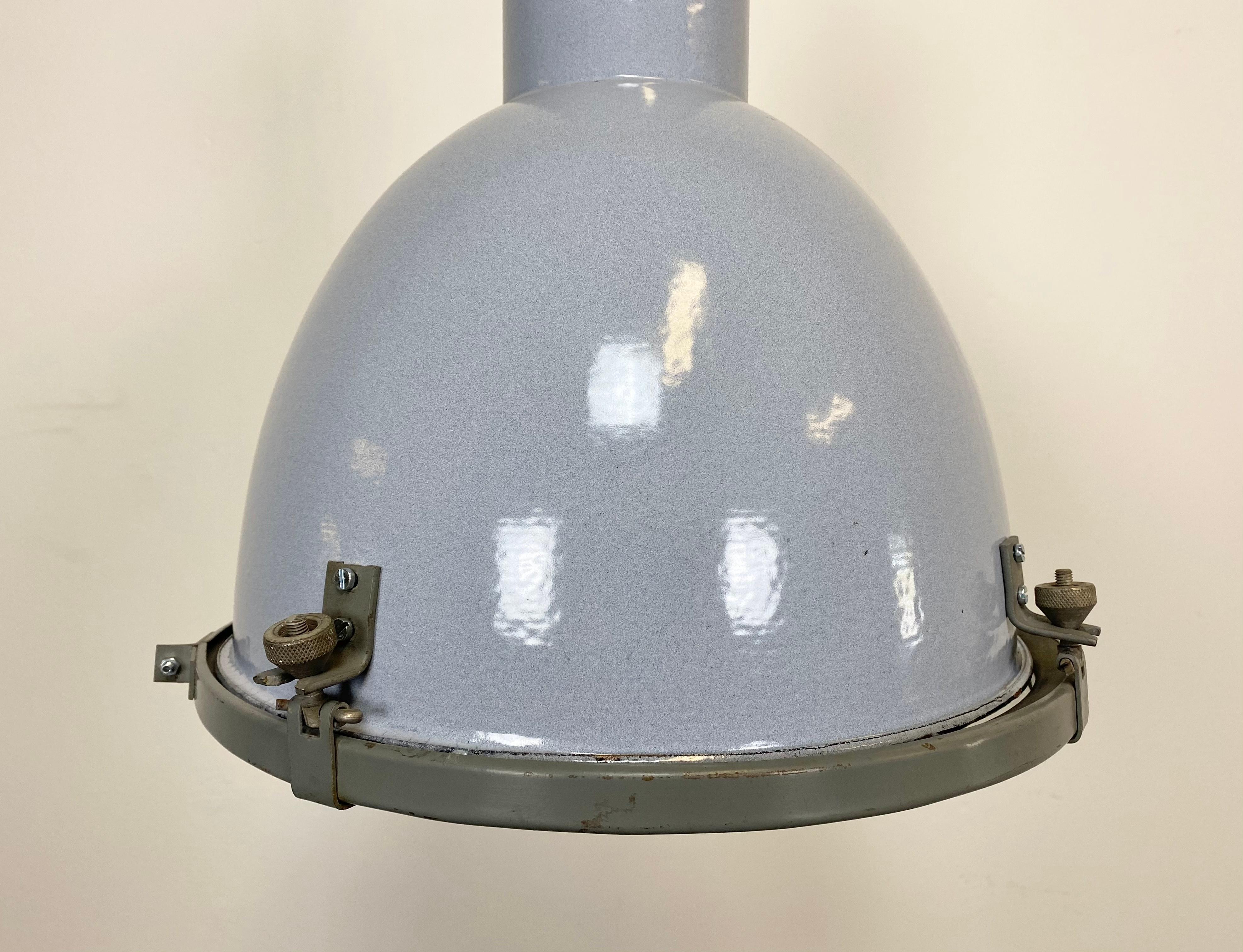 Vintage Grey Enamel Industrial Lamp with Glass Cover In Good Condition In Kojetice, CZ