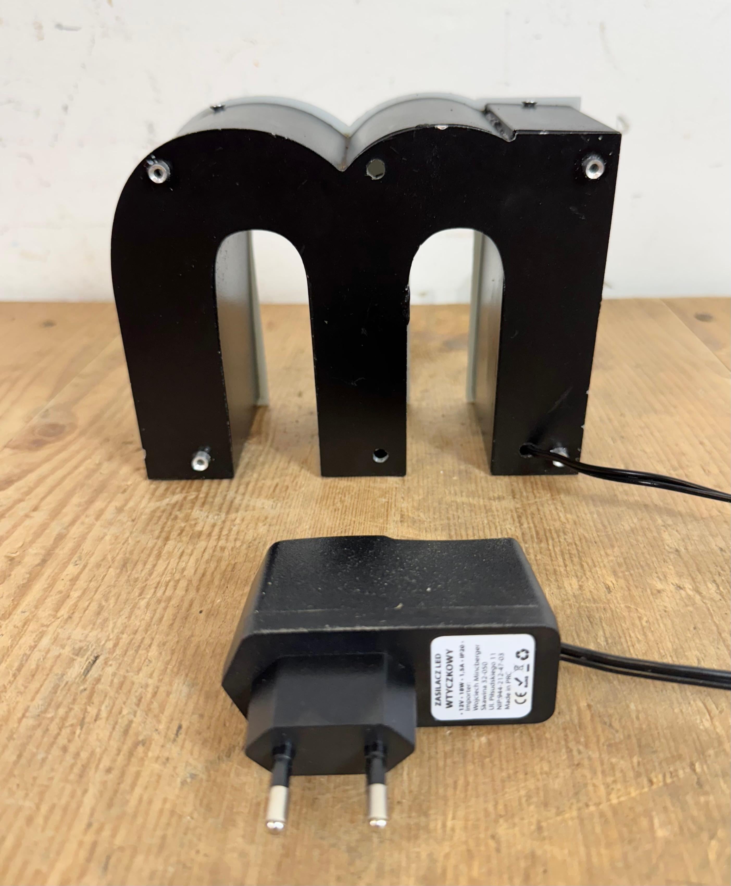 Metal Vintage Grey Illuminated Letter M, 1970s For Sale