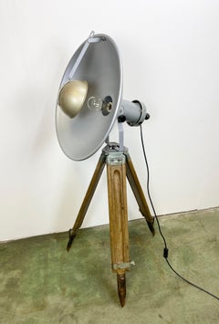 Vintage Grey Industrial Lamp on Wooden Tripod, 1960s