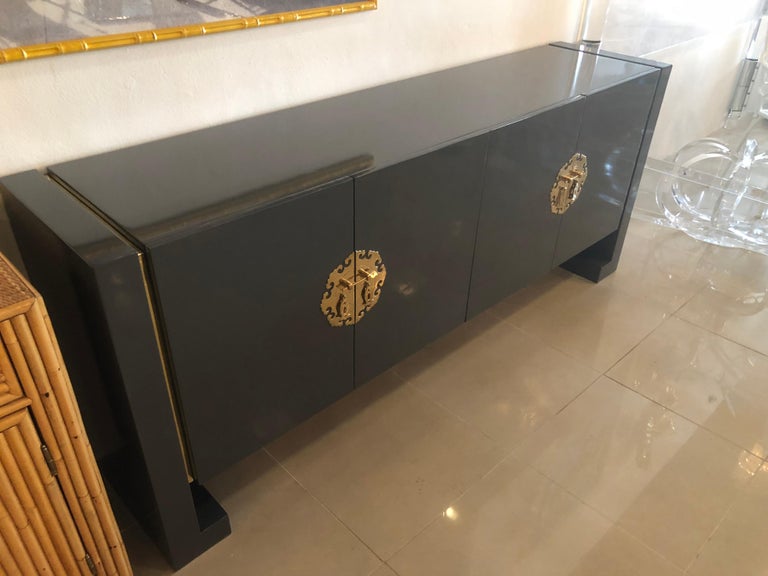 Vintage Grey Lacquered Brass Century Furniture Ming Credenza