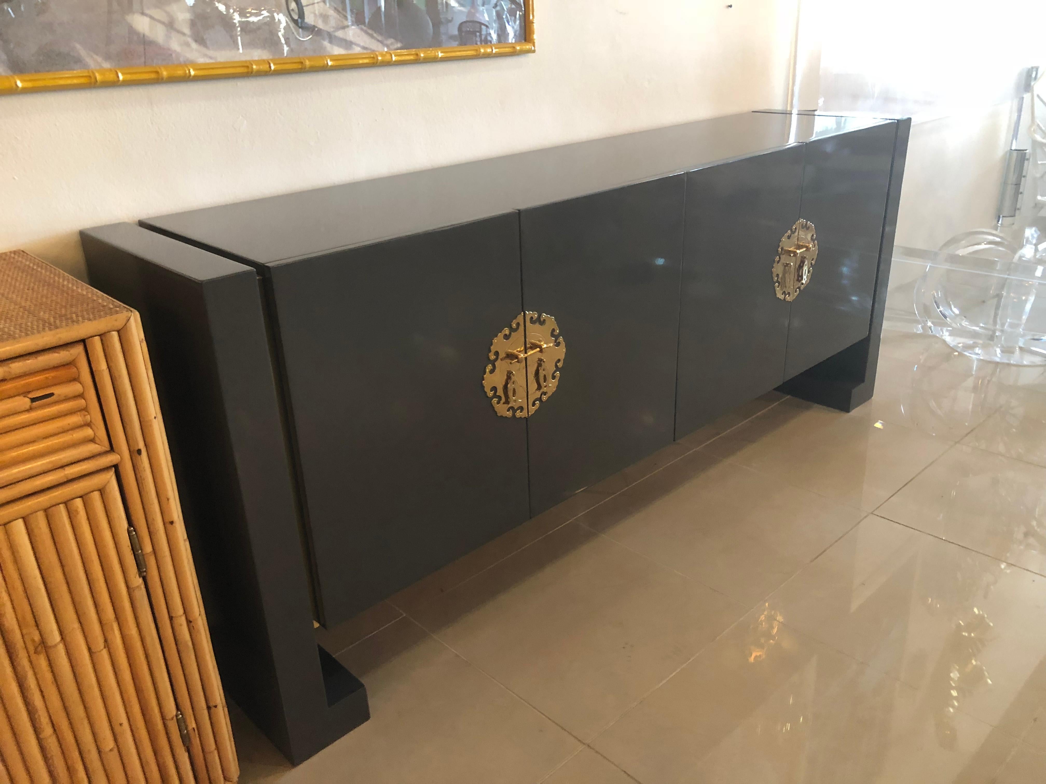 American Vintage Grey Lacquered Brass Century Furniture Ming Credenza Buffet Sideboard
