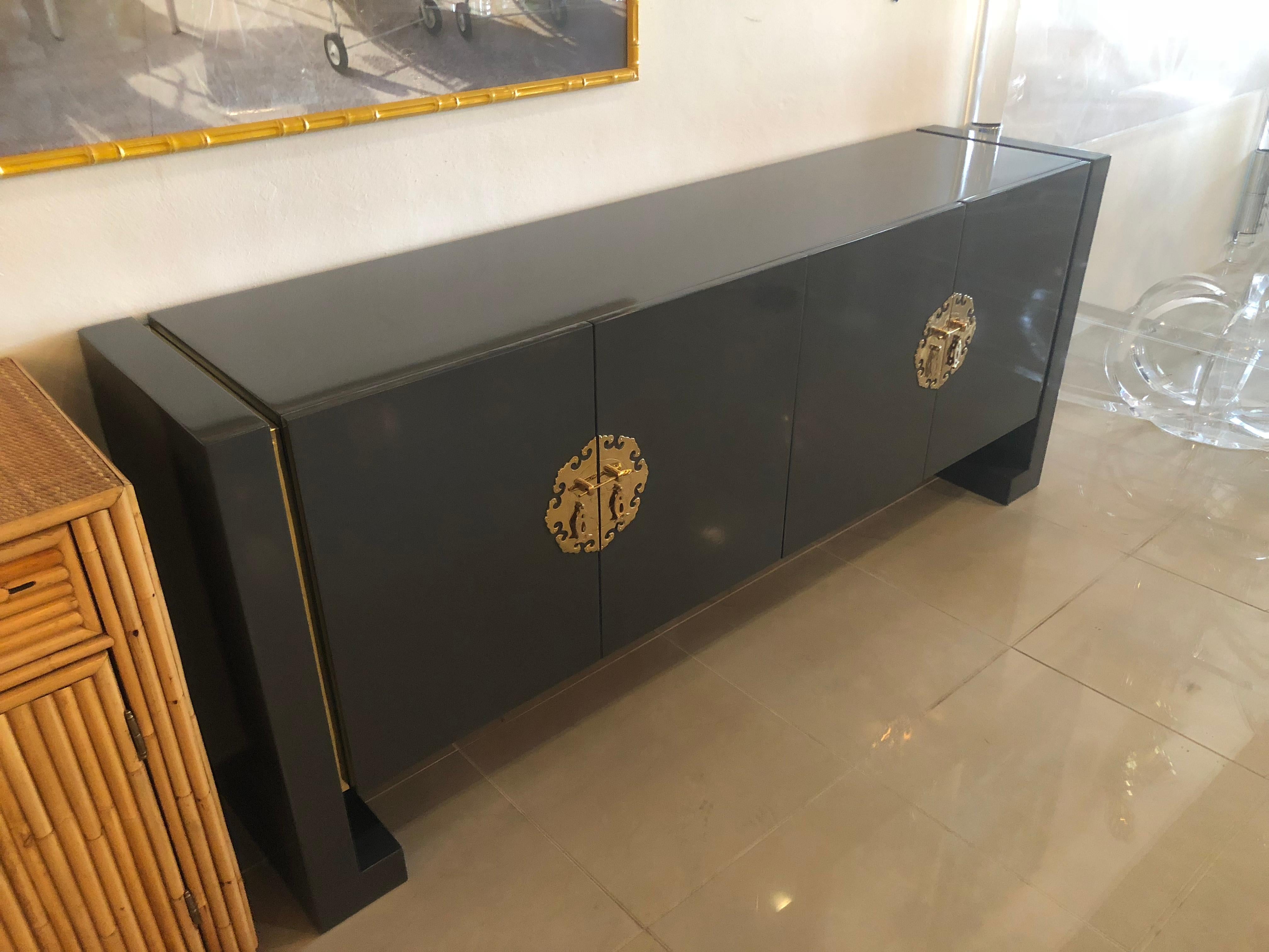 Late 20th Century Vintage Grey Lacquered Brass Century Furniture Ming Credenza Buffet Sideboard