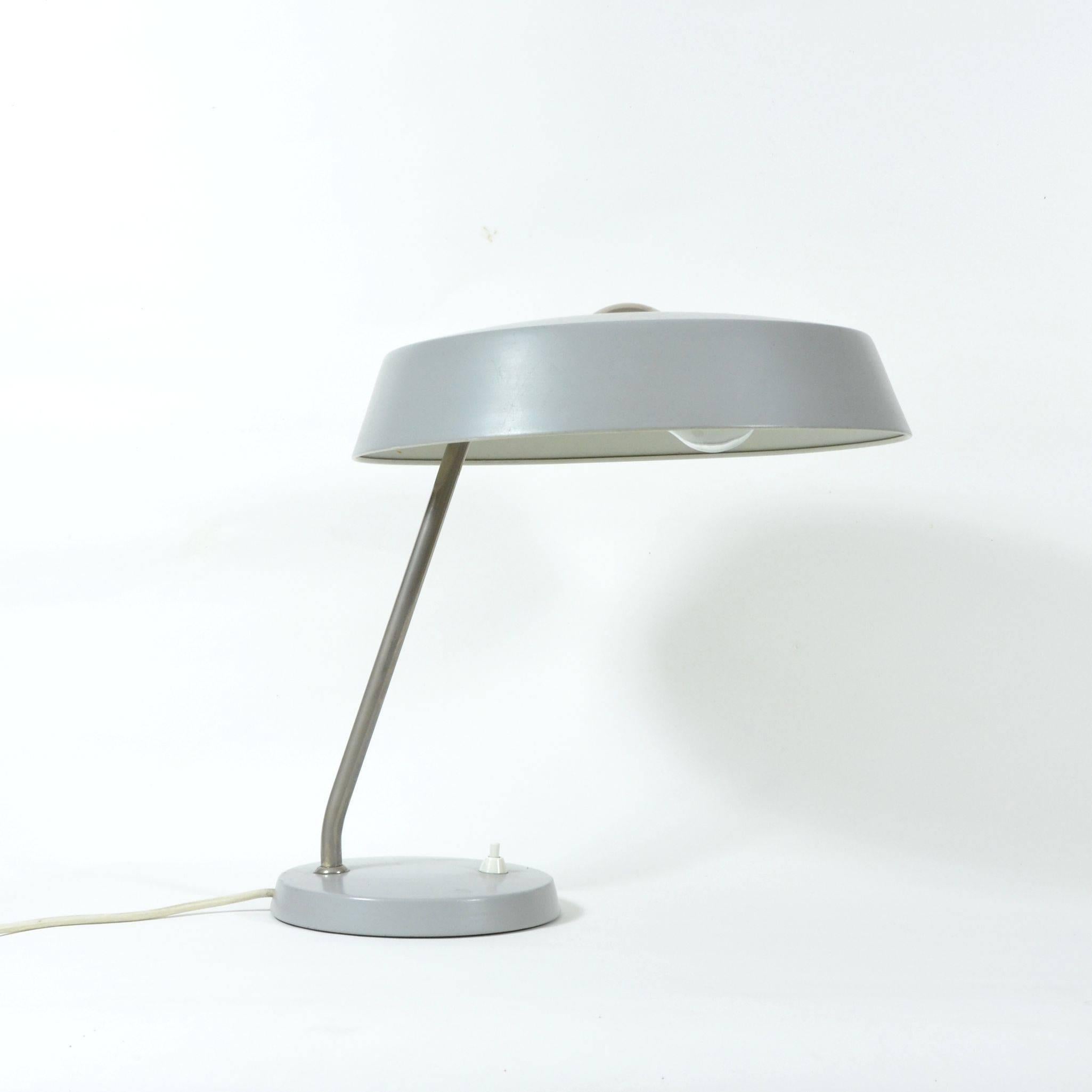Metal desk lamp, grey color, in original, very good condition. Screw E 27. After wiring review, Czechoslovakia, 1970s.
