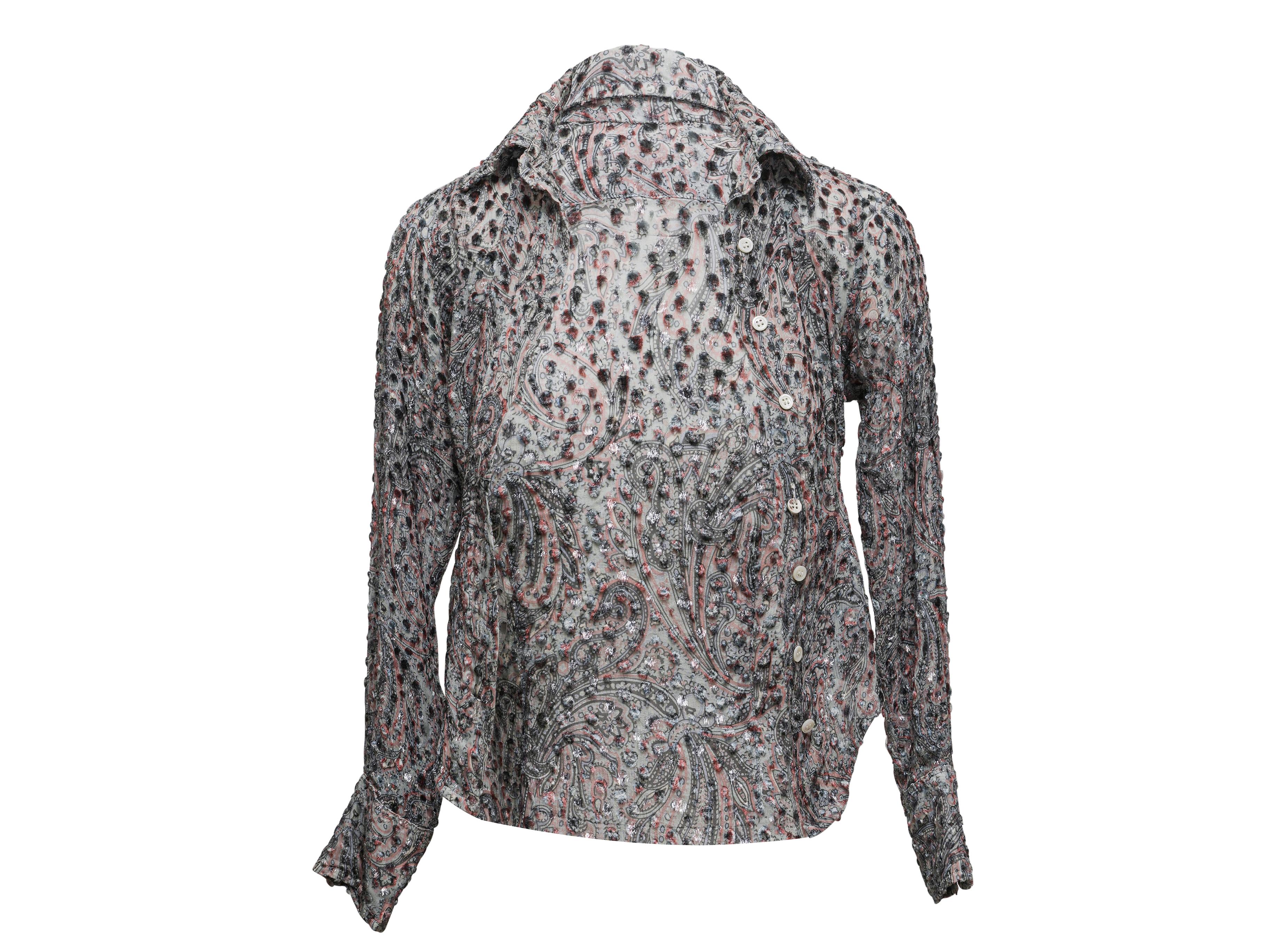 Vintage grey and multicolor paisley patterned long sleeve button-up top by Invest In The Original Voyage. Pointed collar. Button closures at center front. 28