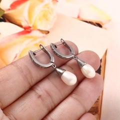 Vintage grey rose cut diamonds pearl drop oxidized sterling silver earrings