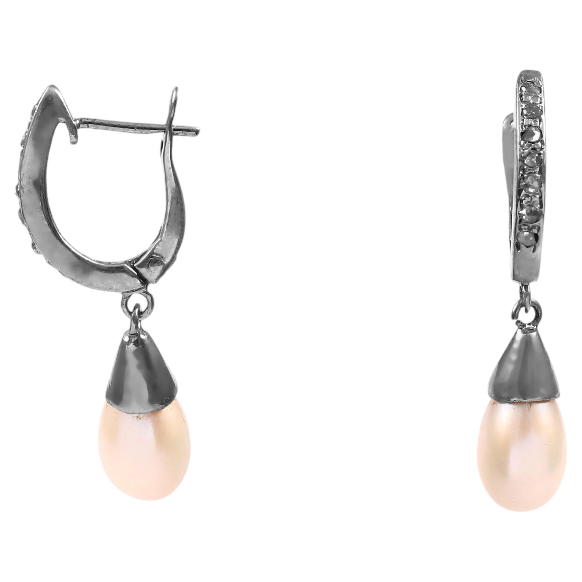 Vintage grey rose cut diamonds pearl drop oxidized sterling silver earrings