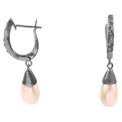 Vintage grey rose cut diamonds pearl drop oxidized sterling silver earrings