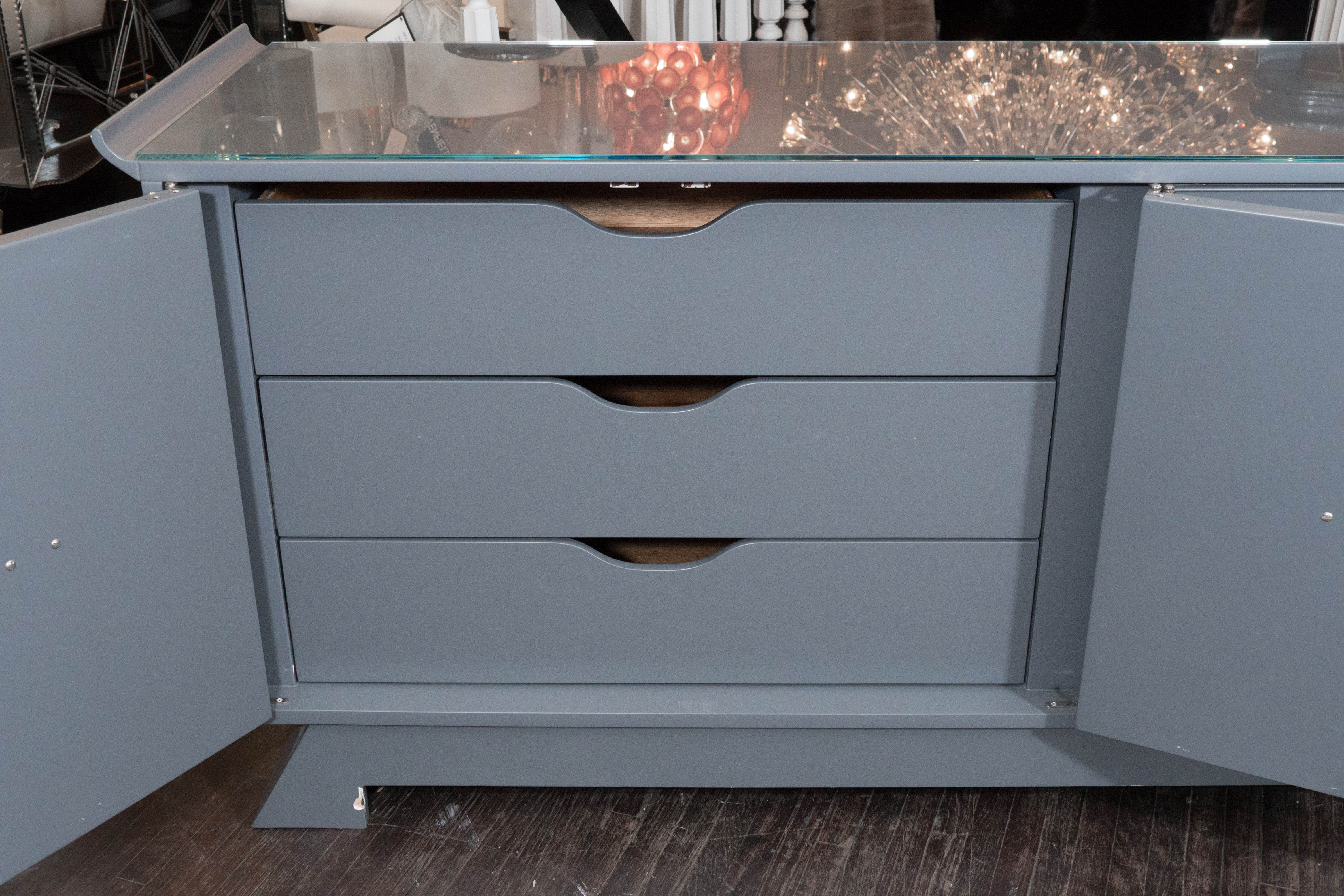 American Vintage Grey Satin Lacquer Dresser with Glass Top and Greek Key Detail
