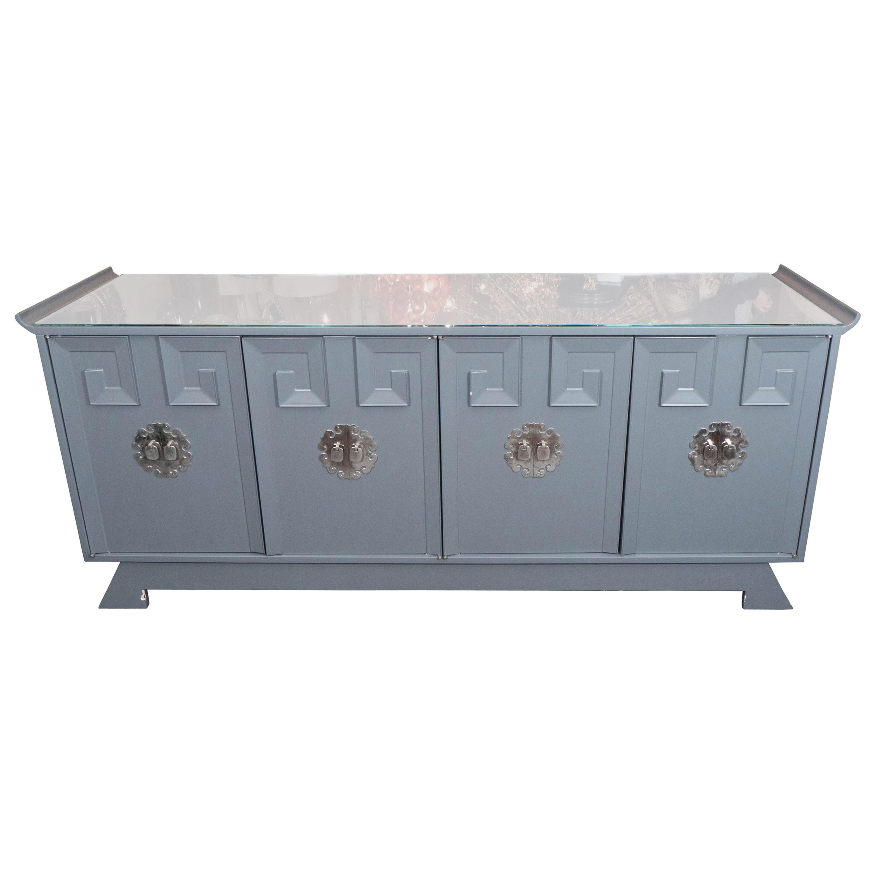 Vintage Grey Satin Lacquer Dresser with Glass Top and Greek Key Detail