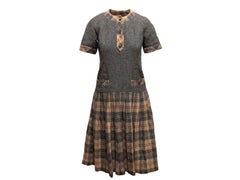 Vintage Grey & Tan Valentino Wool Plaid-Trimmed Dress Size US 8