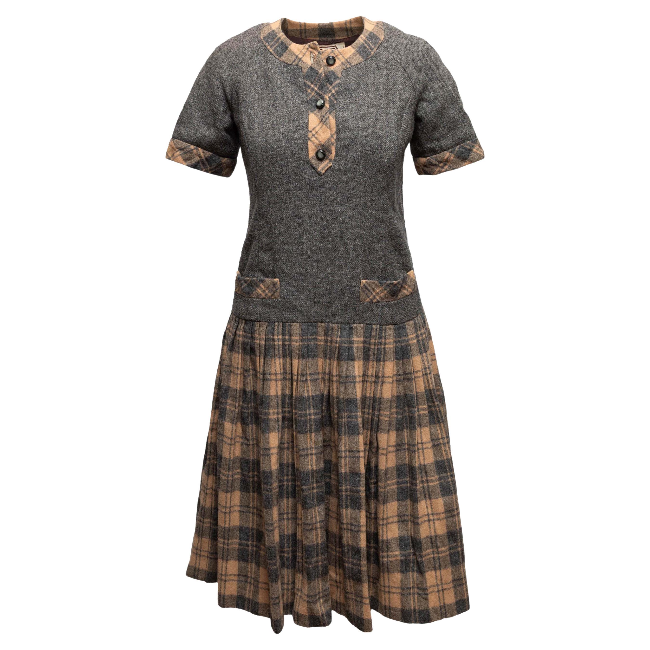Vintage Grey & Tan Valentino Wool Plaid-Trimmed Dress Size US 8