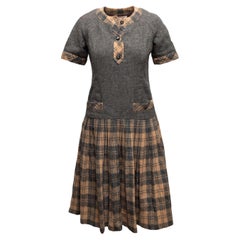 Vintage Grey & Tan Valentino Wool Plaid-Trimmed Dress Size US 8
