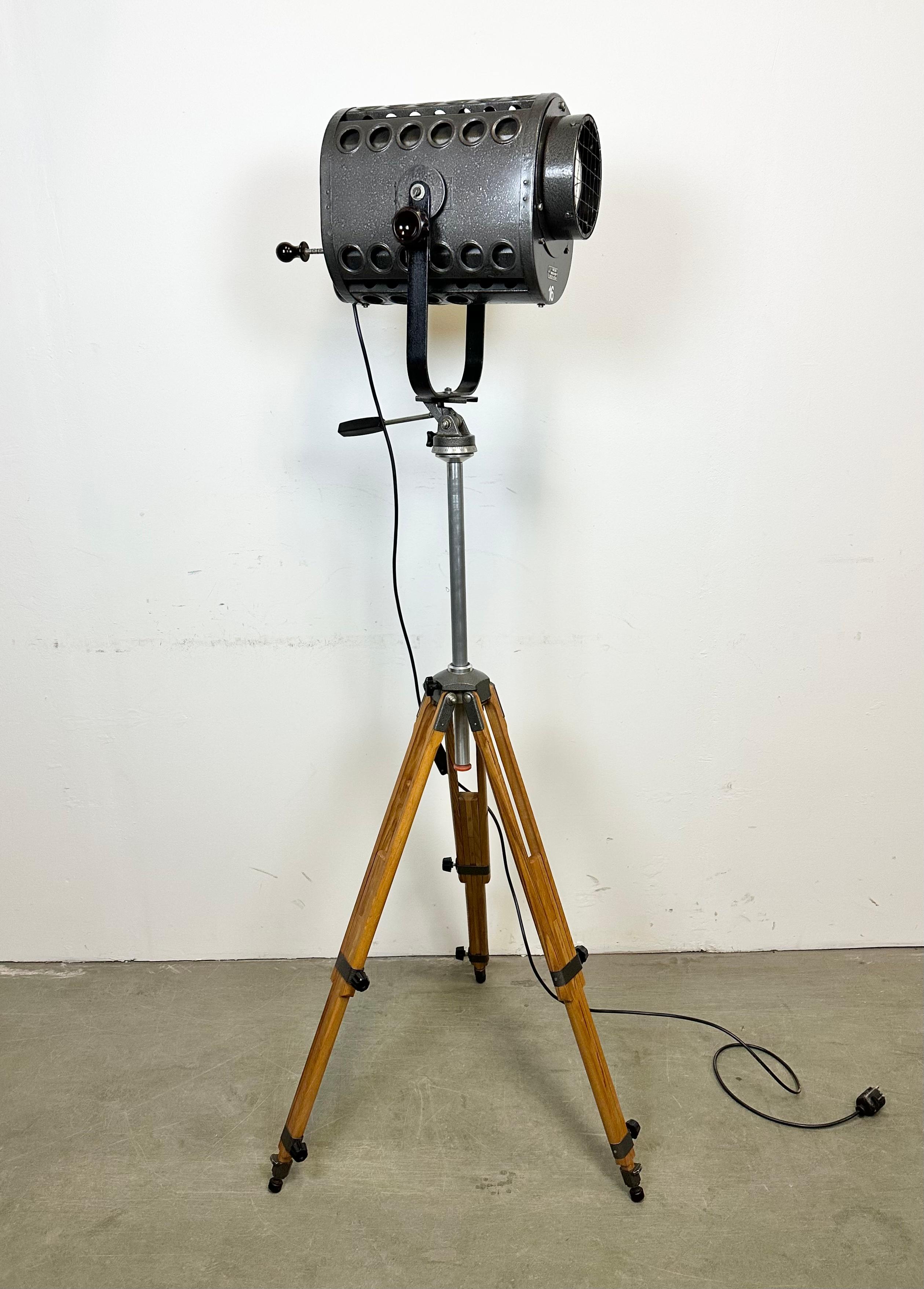 Vintage Grey Theatre Spotlight on Wooden Tripod, 1970s 8
