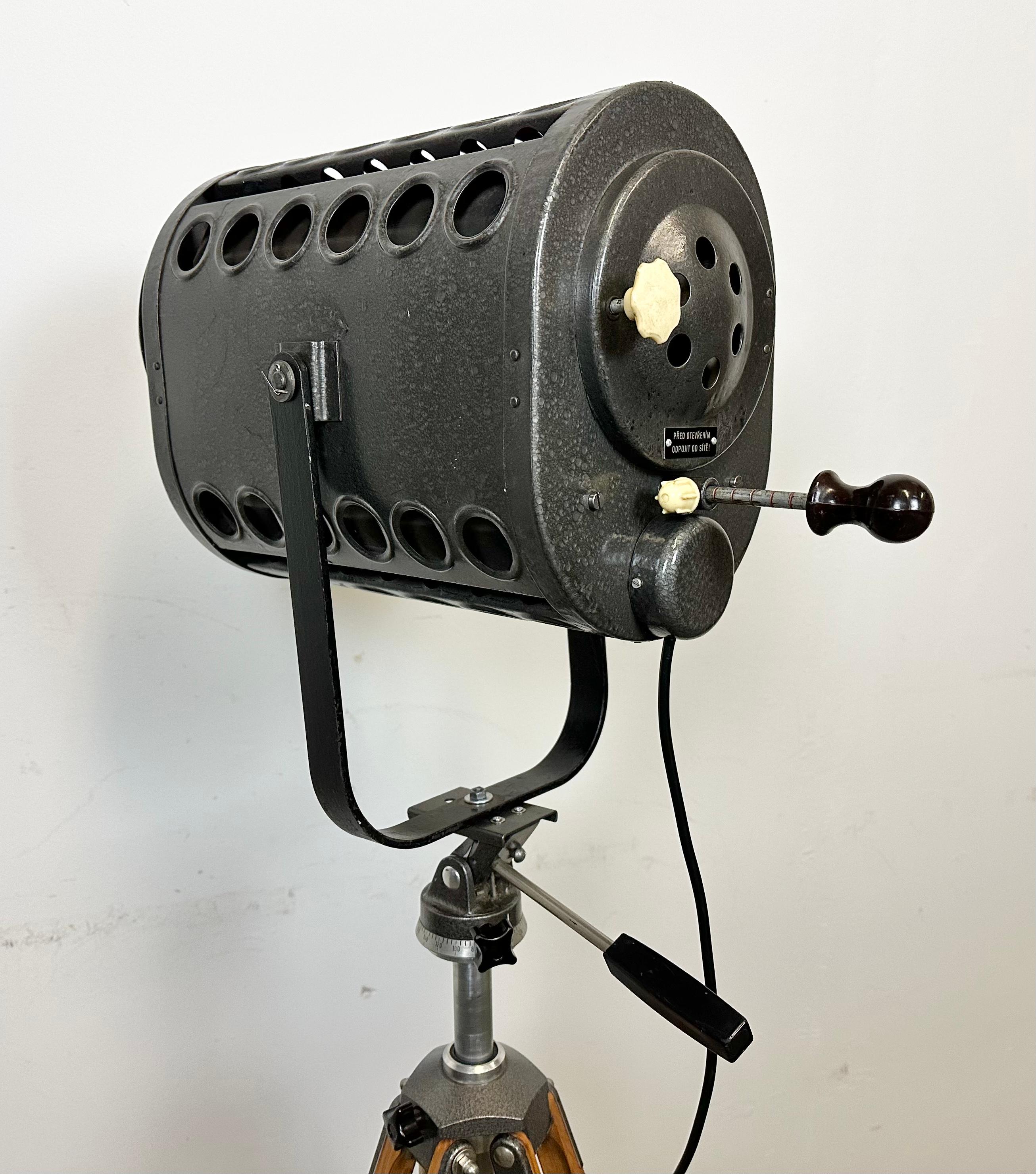 Late 20th Century Vintage Grey Theatre Spotlight on Wooden Tripod, 1970s For Sale