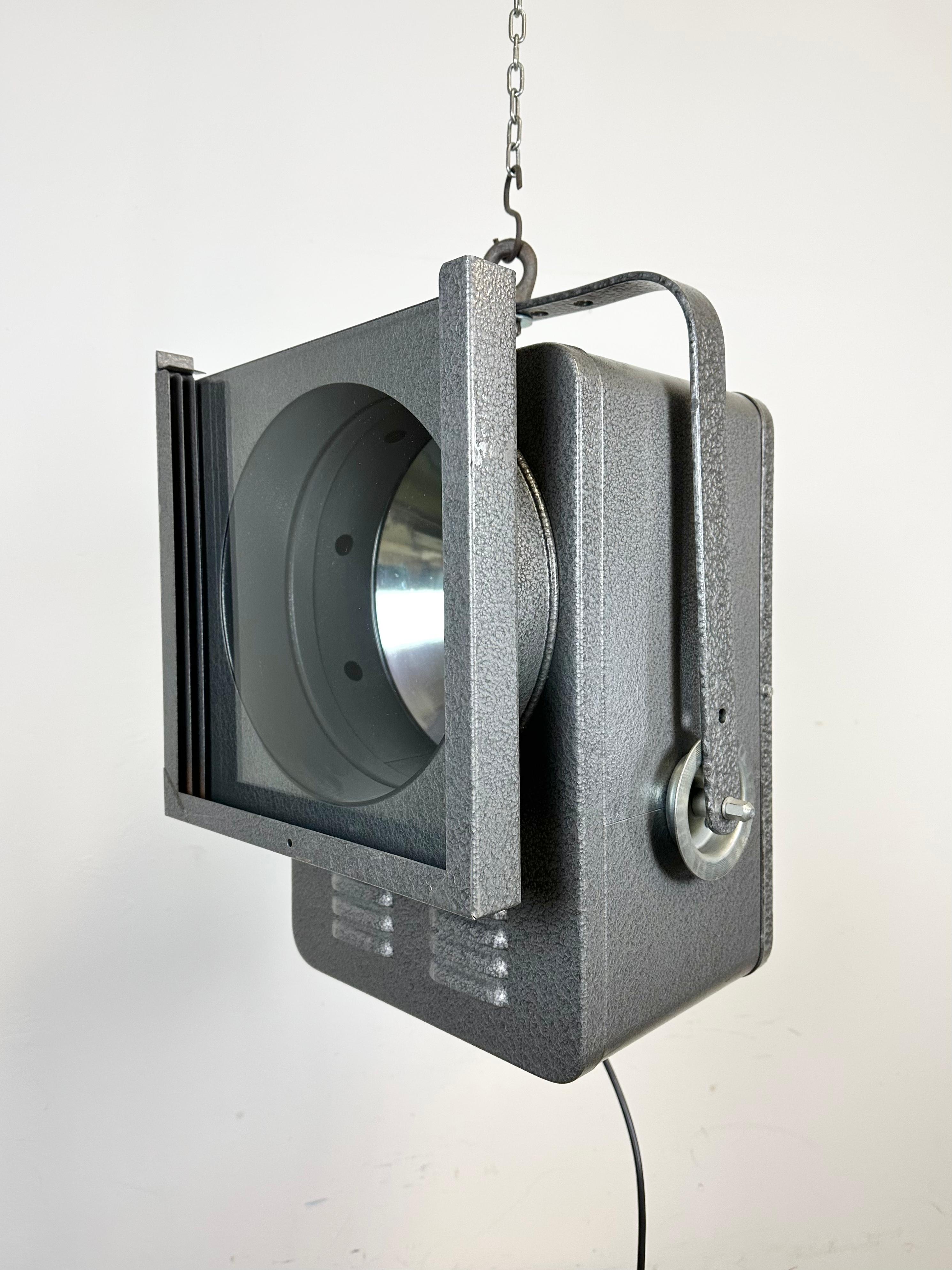 Industrial Vintage Grey Theatre Spotlight with Glass Cover, 1980s For Sale