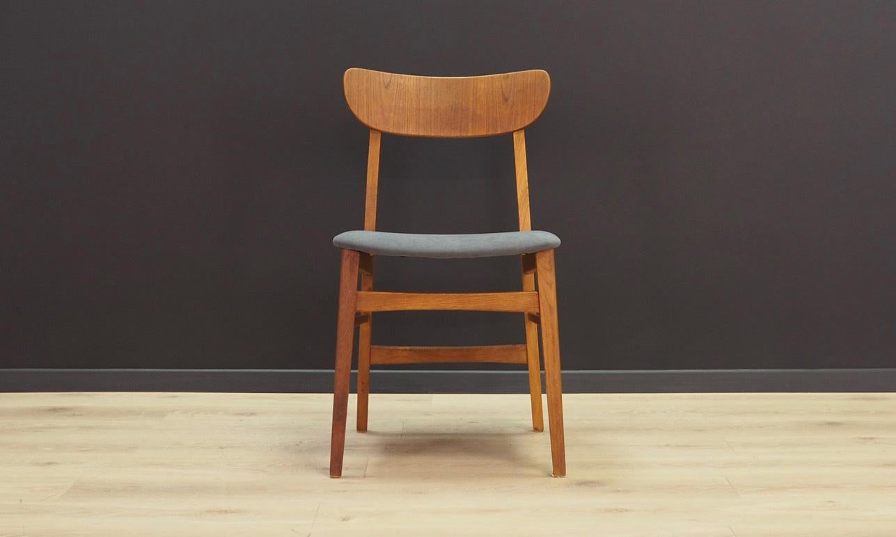 Set of four chairs from the 1960s-1970s. Scandinavian design - Minimalist form. New upholstery made of grey velour, teak construction. Maintained in good condition (minor bruises and scratches, filled veneer cavities) - directly for