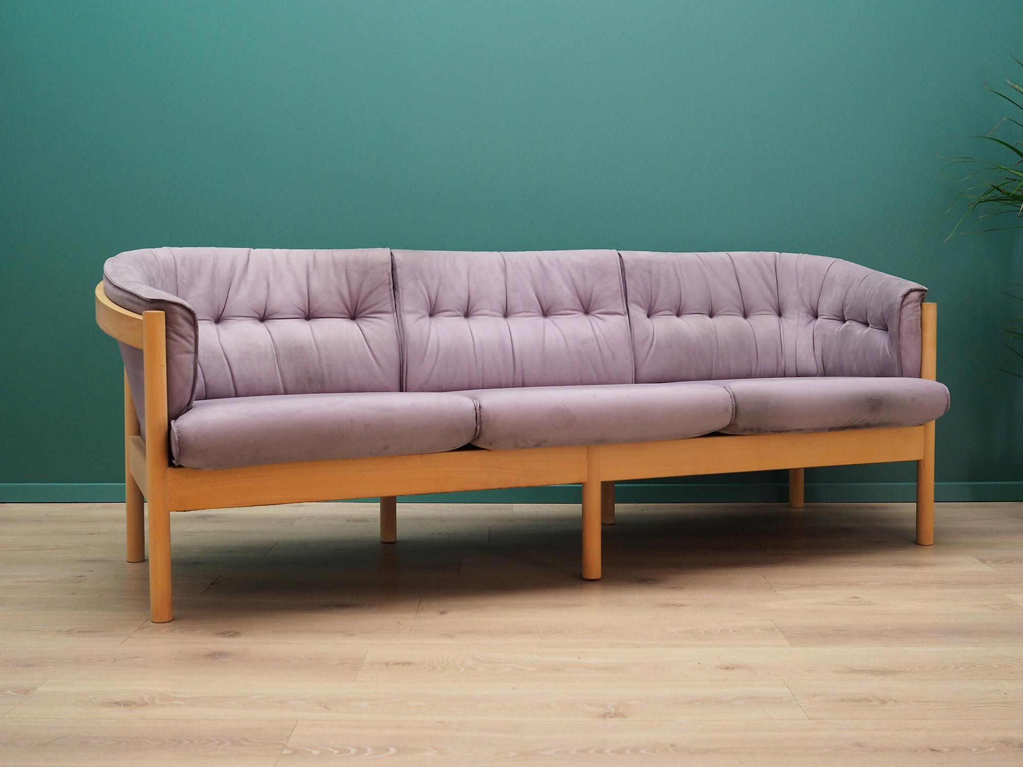 Exceptional sofa from the 1960s-1970s. Scandinavian design, Minimalist form. Original upholstery made of grey velour, ash structure. Preserved in good condition (minor bruises and scratches, filled veneer cavities) - directly for use.

Dimensions: