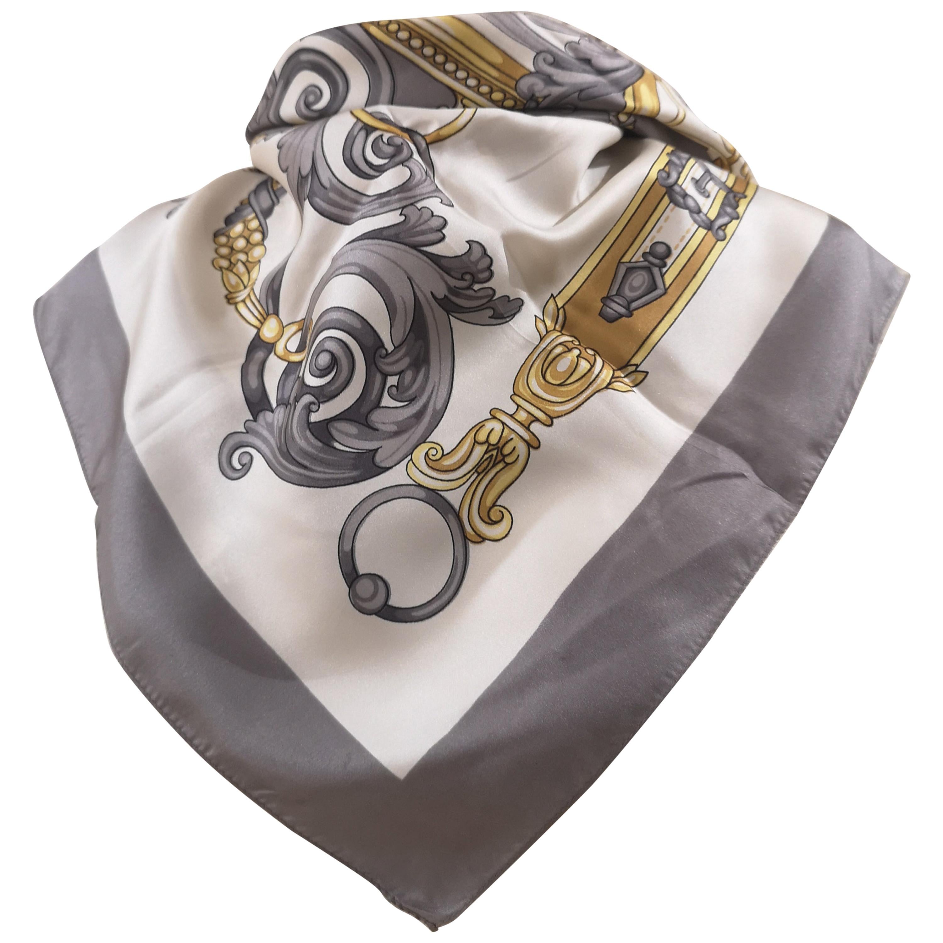 Vintage grey white gold silk scarf foulard