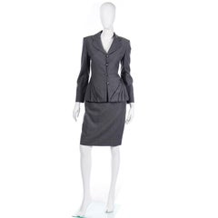 Vintage Grey Wool Bill Blass Unique Pleated Blazer Jacket & Skirt Suit