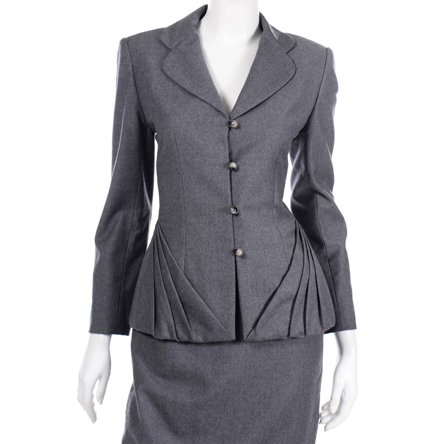 Black Vintage Grey Wool Bill Blass Unique Pleated Blazer Jacket & Skirt Suit