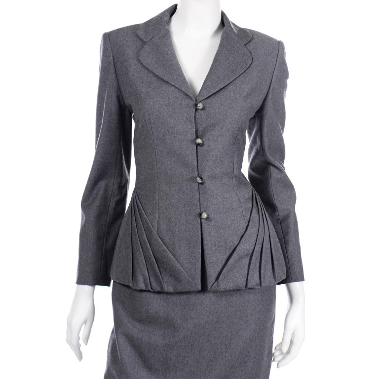Vintage Grey Wool Bill Blass Unique Pleated Blazer Jacket And Skirt Suit For Sale At 1stdibs